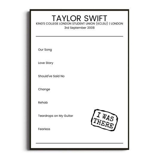 Taylor Swift London 03 September 2008 Setlist Poster