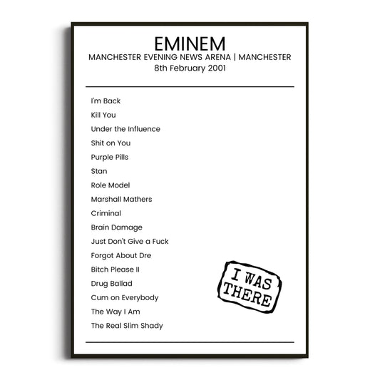 Eminem Manchester 08 February 2001 Setlist Poster