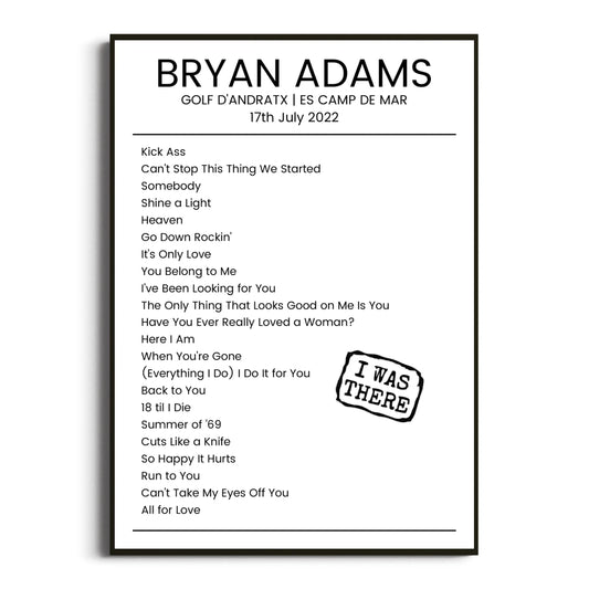 Bryan Adams es Camp de Mar 17 July 2022 Setlist Poster