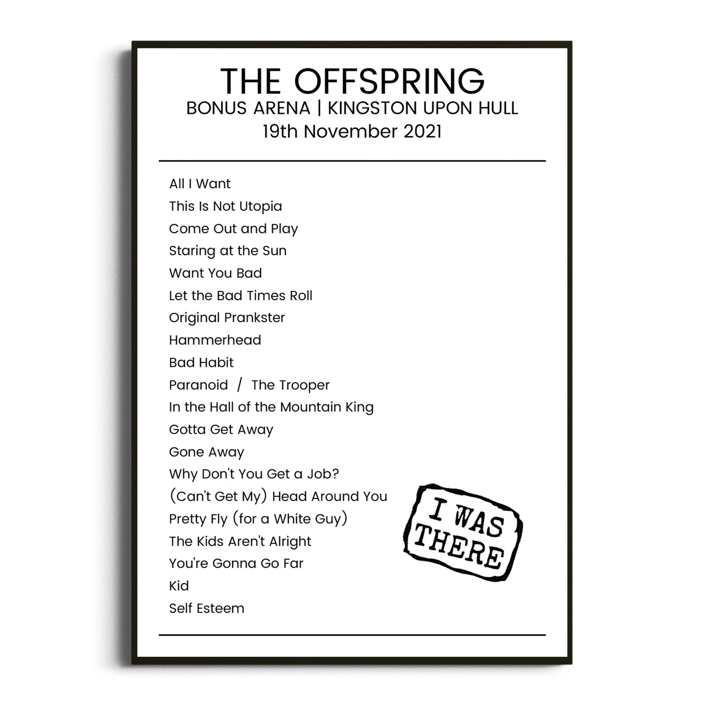 The Offspring Kingston upon Hull 19 November 2021 Setlist Poster