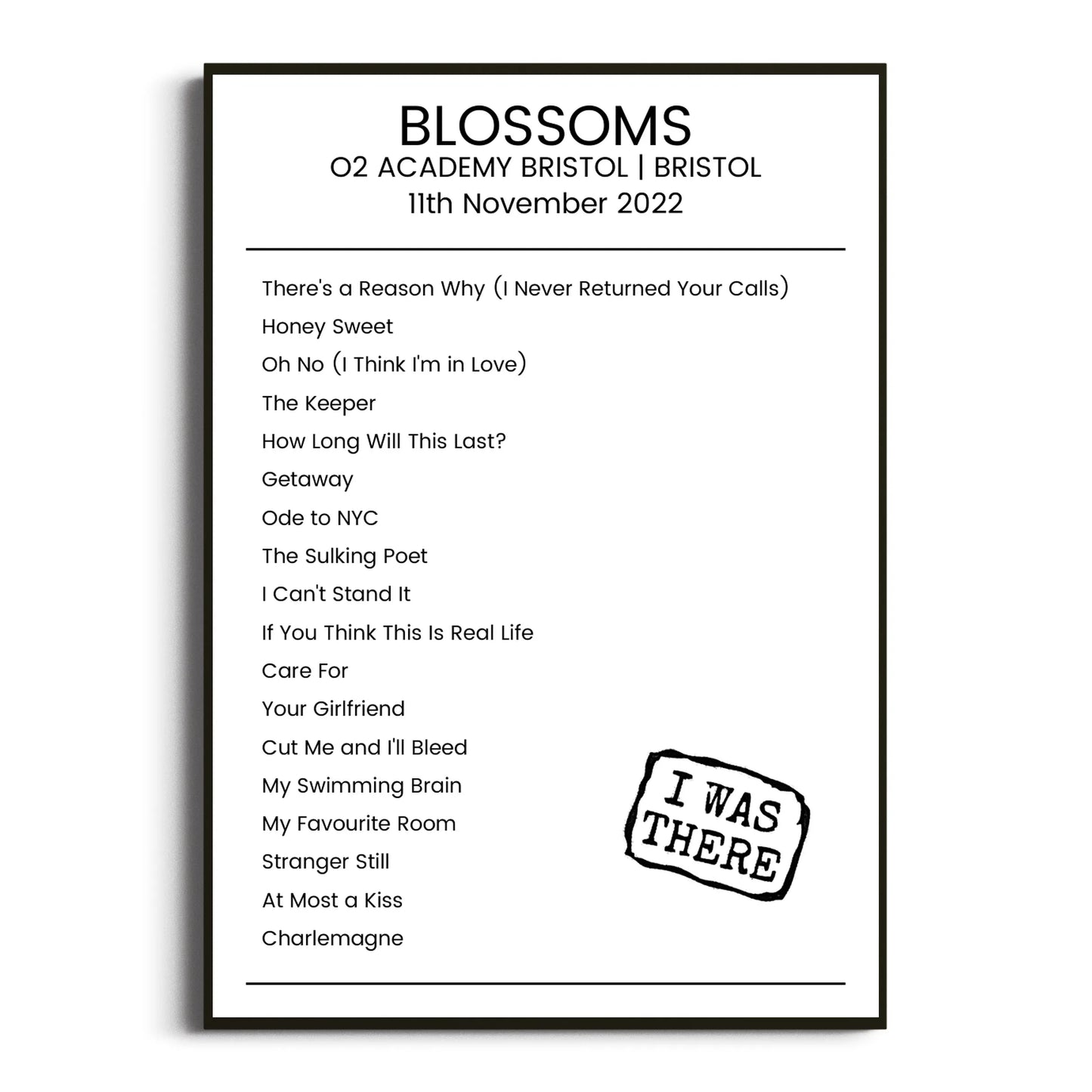 Blossoms Bristol 11 November 2022 Setlist Poster