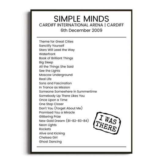 Simple Minds Cardiff 06 December 2009 Setlist Poster