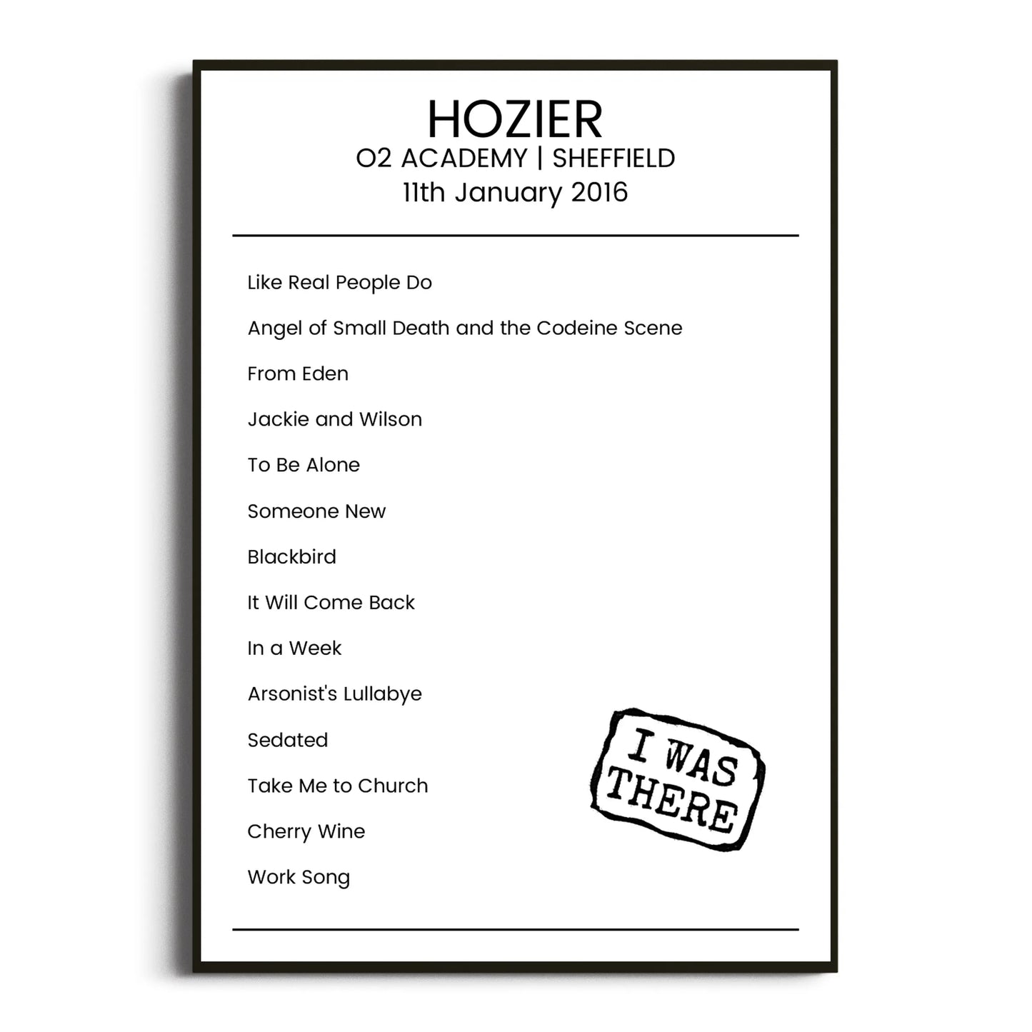 Hozier Sheffield 11 January 2016 Setlist Poster