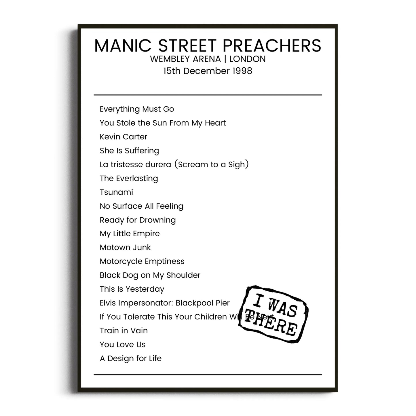 Manic Street Preachers London 15 December 1998 Setlist Poster