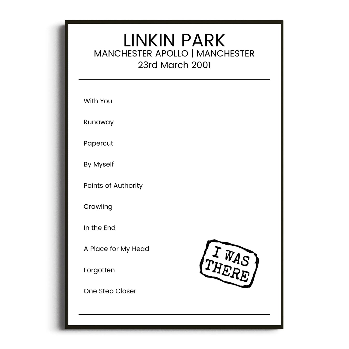 Linkin Park Manchester 23 March 2001 Setlist Poster