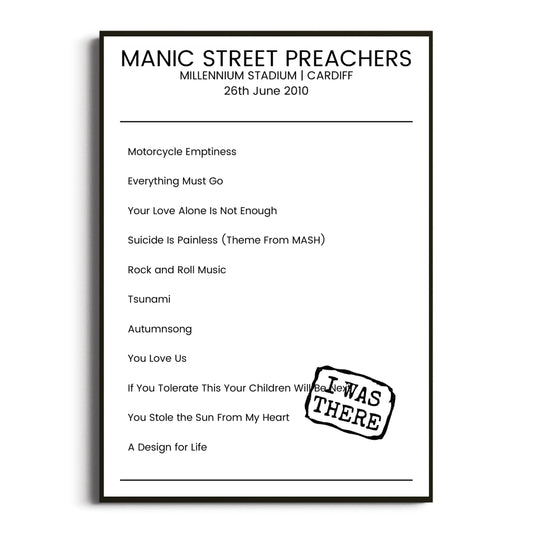 Manic Street Preachers Cardiff 26 June 2010 Setlist Poster