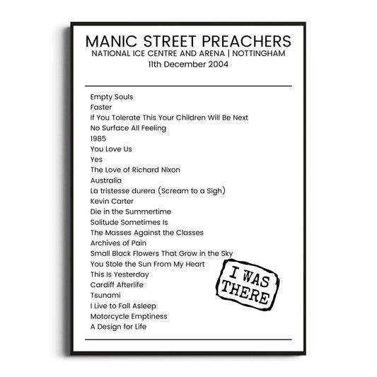 Manic Street Preachers Nottingham 11 December 2004 Setlist Poster