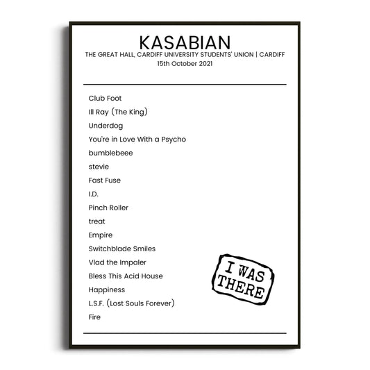 Kasabian Cardiff 15 October 2021 Setlist Poster