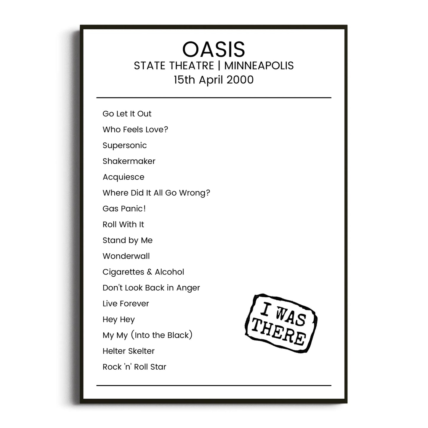 Oasis Minneapolis 15 April 2000 Setlist Poster