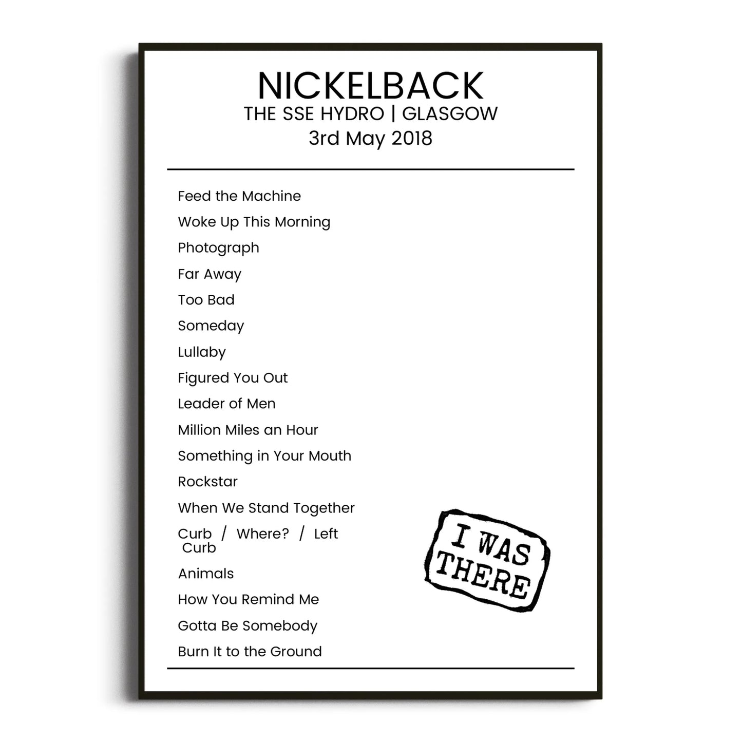 Nickelback Glasgow 03 May 2018 Setlist Poster