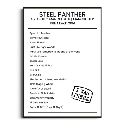 Steel Panther Manchester 16 March 2014 Setlist Poster