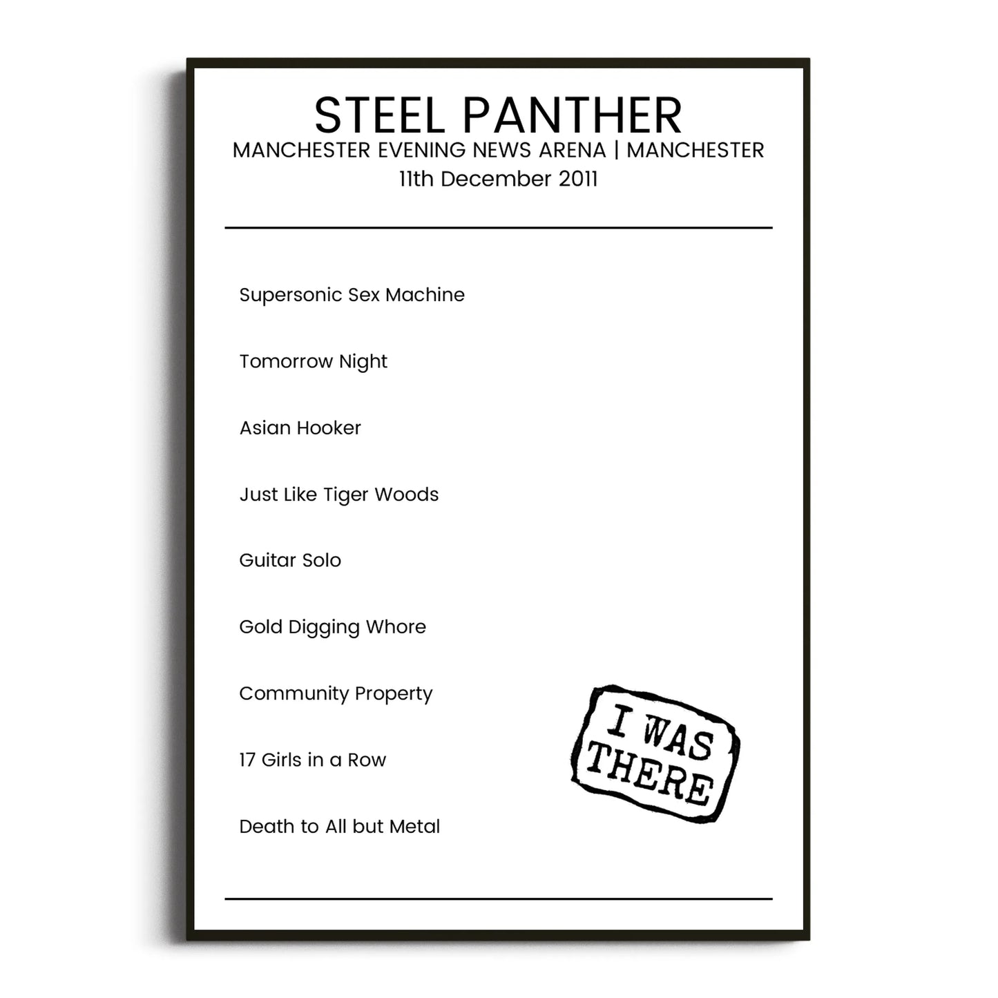 Steel Panther Manchester 11 December 2011 Setlist Poster