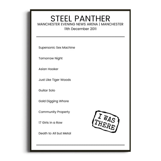 Steel Panther Manchester 11 December 2011 Setlist Poster