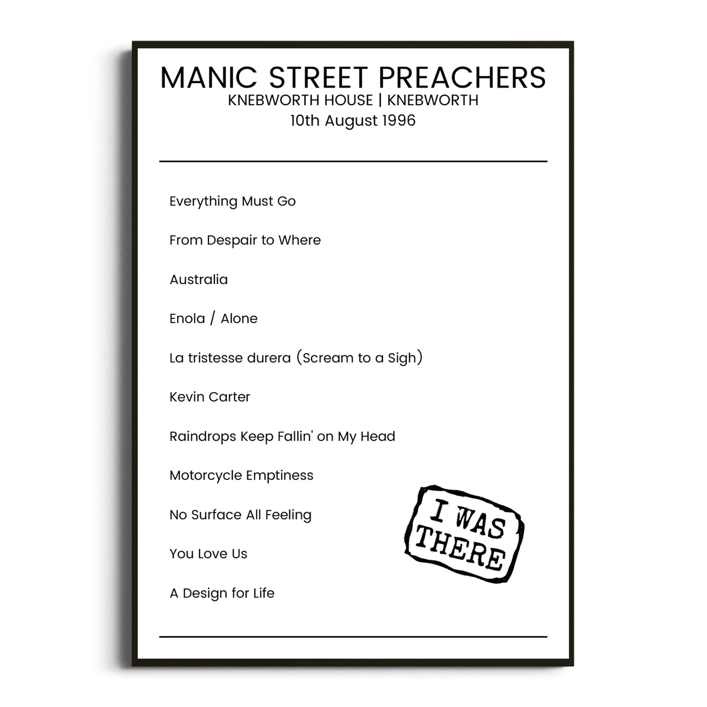 Manic Street Preachers Knebworth 10 August 1996 Setlist Poster