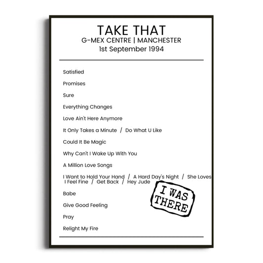 Take That Manchester 01 September 1994 Setlist Poster