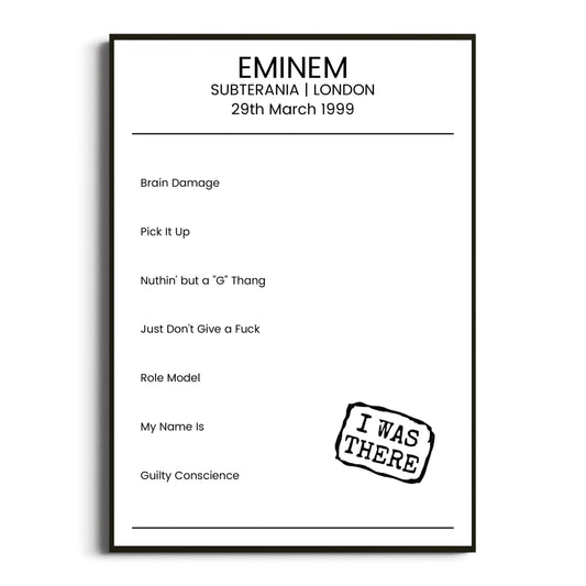 Eminem London 29 March 1999 Setlist Poster