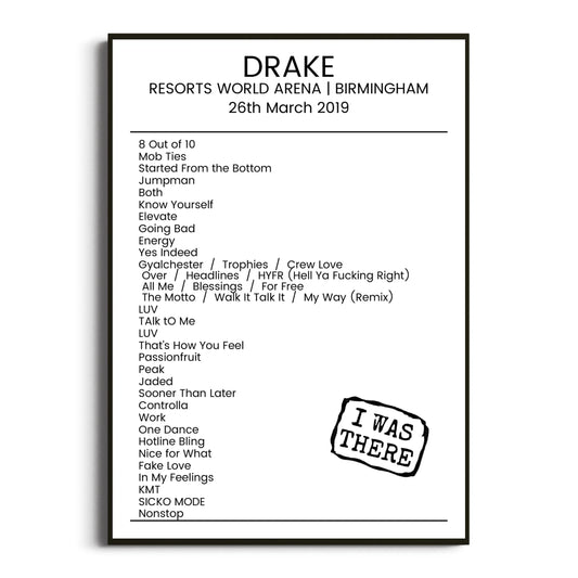 Drake Birmingham 26 March 2019 Setlist Poster