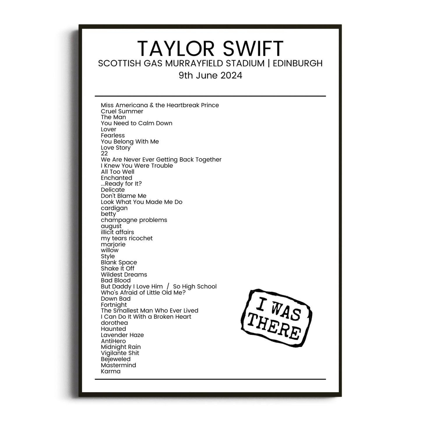 Taylor Swift Edinburgh 09 June 2024 Setlist Poster