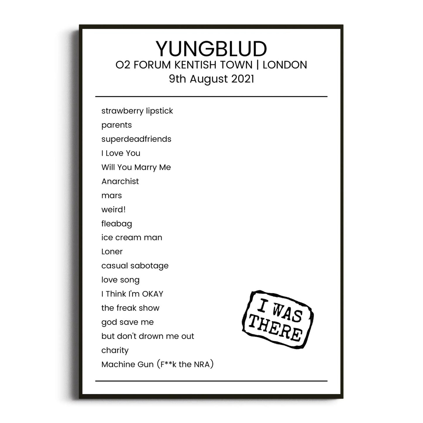 YUNGBLUD London 09 August 2021 Setlist Poster