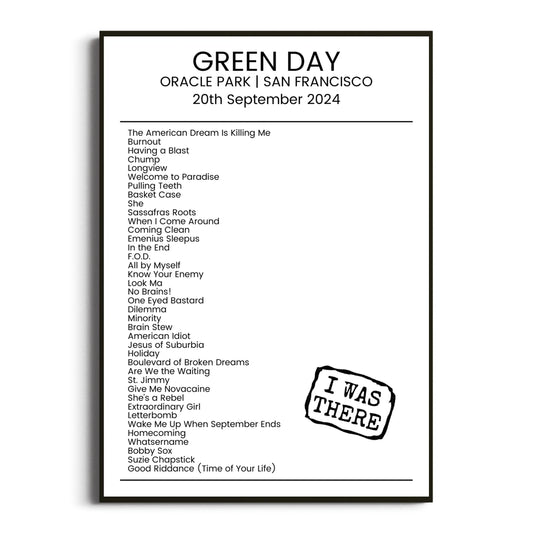 Green Day San Francisco 20 September 2024 Setlist Poster