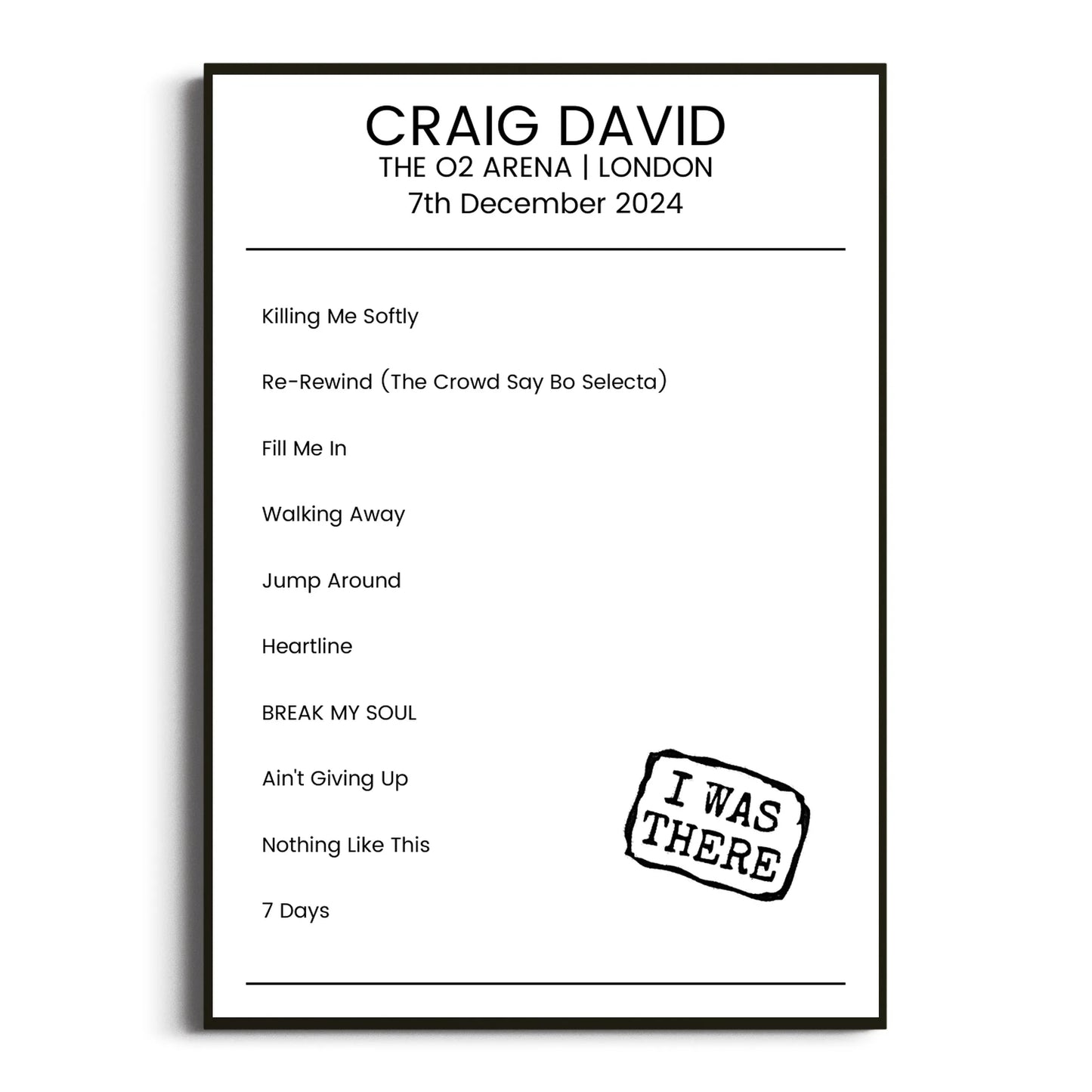 Craig David London 07 December 2024 Setlist Poster