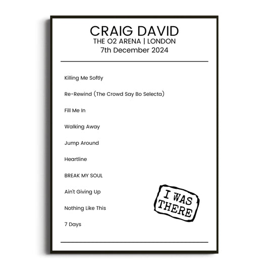 Craig David London 07 December 2024 Setlist Poster