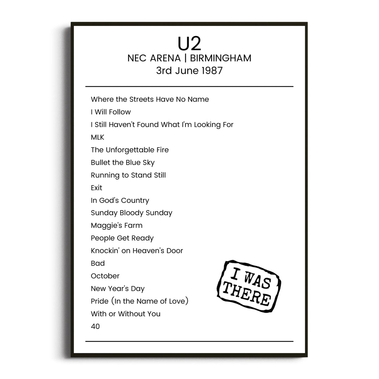 U2 Birmingham 03 June 1987 Setlist Poster