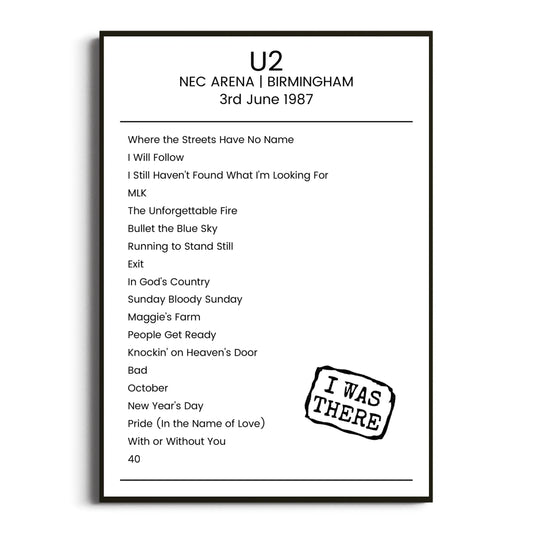 U2 Birmingham 03 June 1987 Setlist Poster