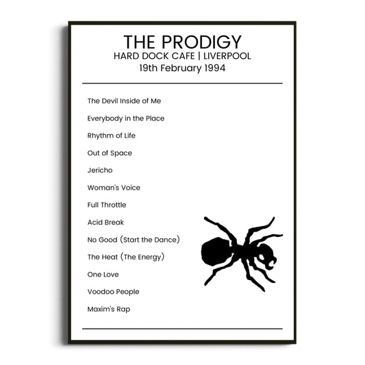 The Prodigy Liverpool 19 February 1994 Setlist Poster