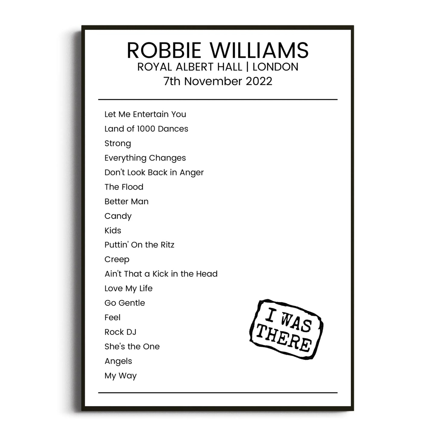 Robbie Williams London 07 November 2022 Setlist Poster