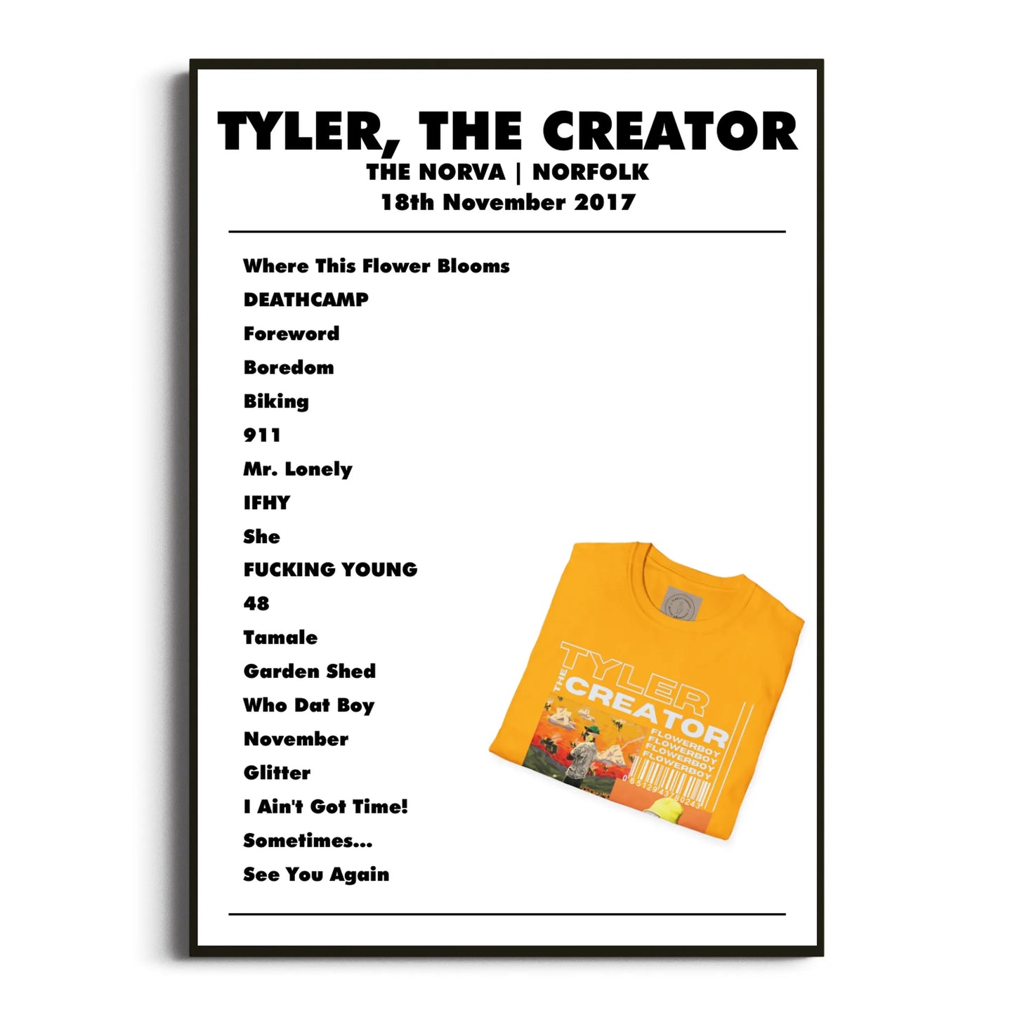 Tyler, The Creator Norfolk 18 November 2017 Setlist Poster