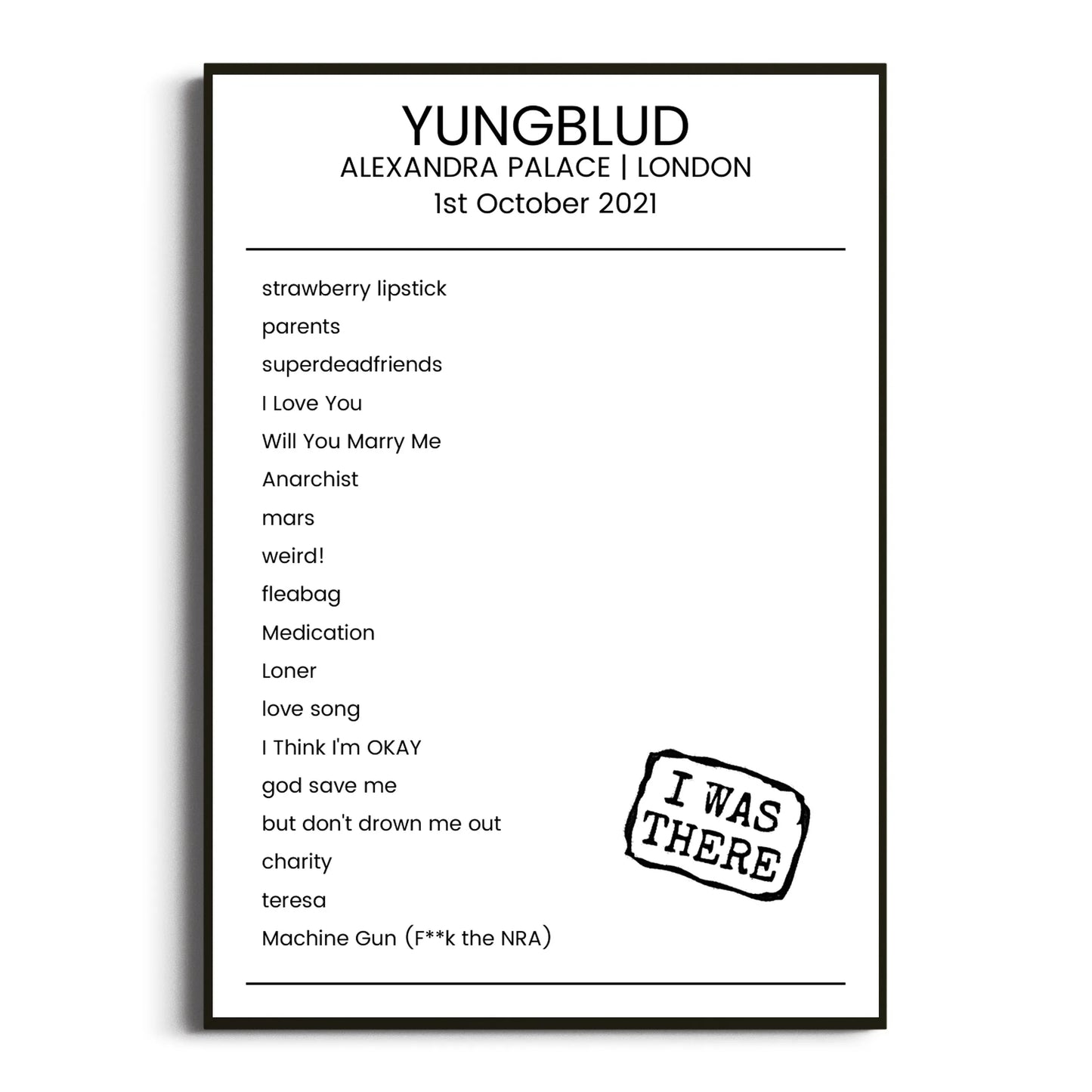 YUNGBLUD London 01 October 2021 Setlist Poster