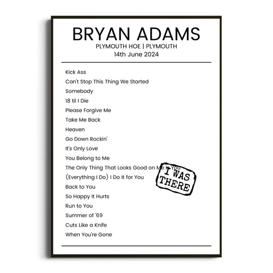 Bryan Adams Plymouth 14 June 2024 Setlist Poster