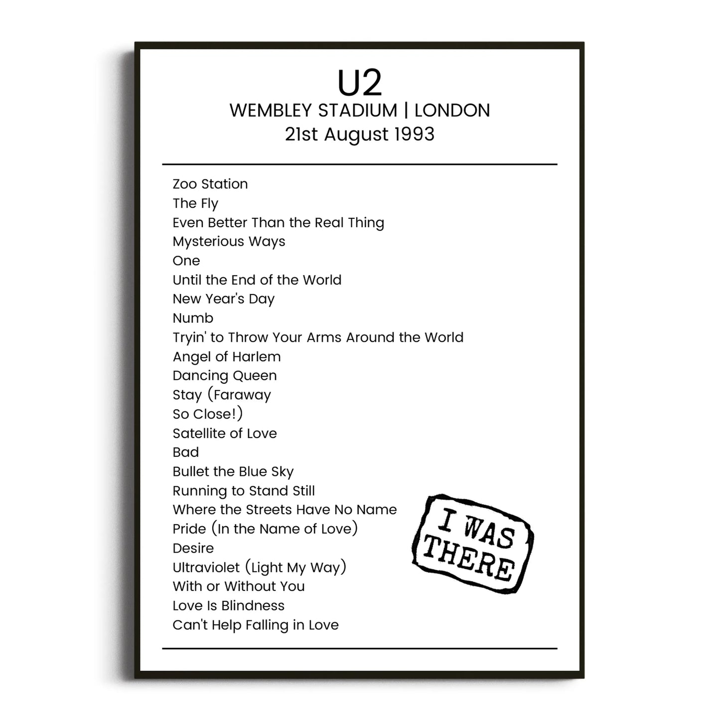 U2 London 21 August 1993 Setlist Poster