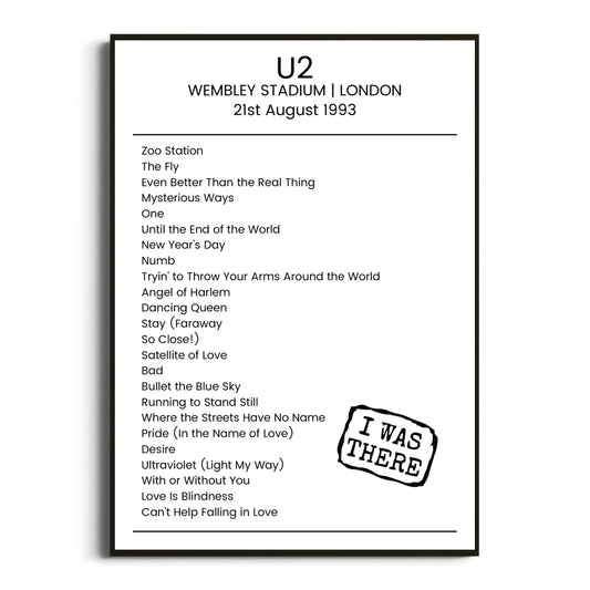 U2 London 21 August 1993 Setlist Poster