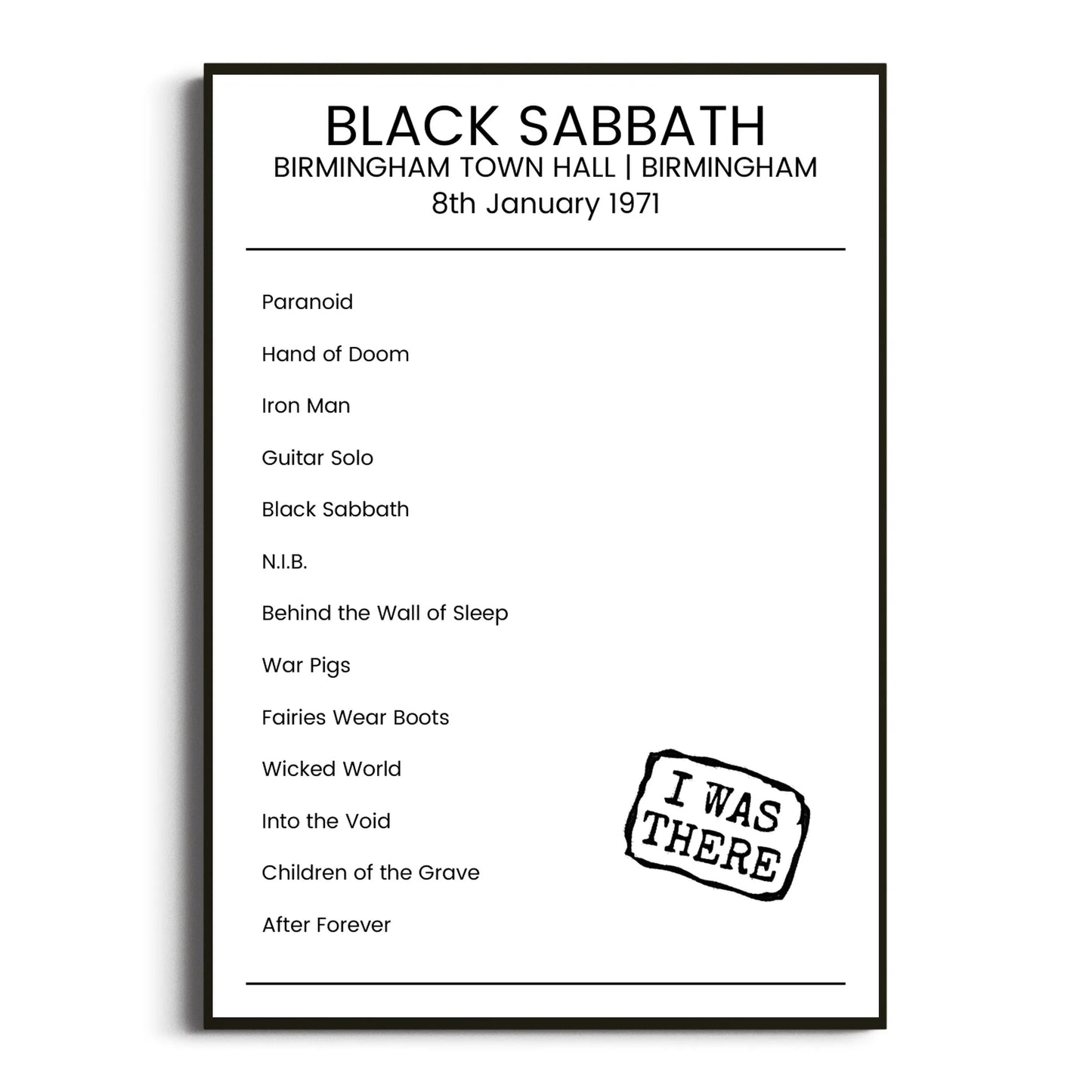 Black Sabbath Birmingham 08 January 1971 Setlist Poster