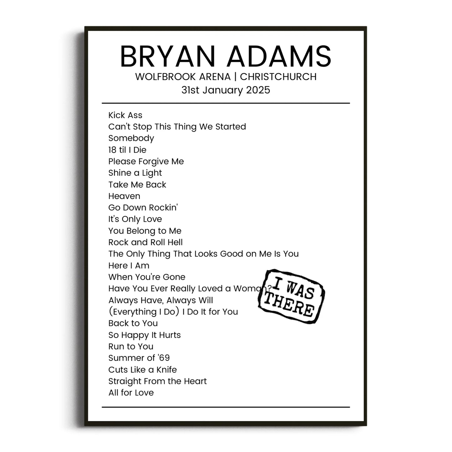 Bryan Adams Christchurch 31 January 2025 Setlist Poster