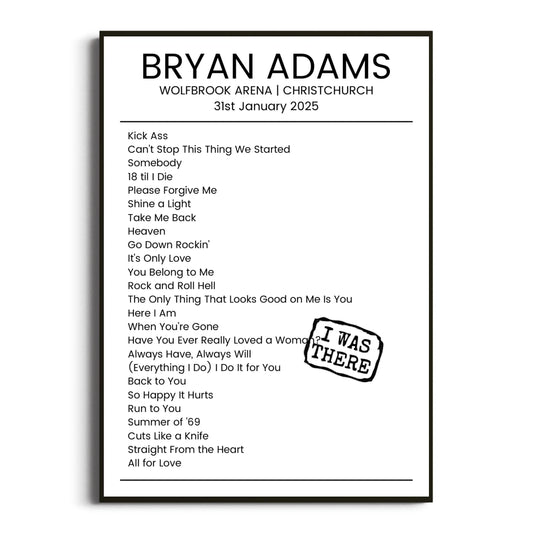 Bryan Adams Christchurch 31 January 2025 Setlist Poster