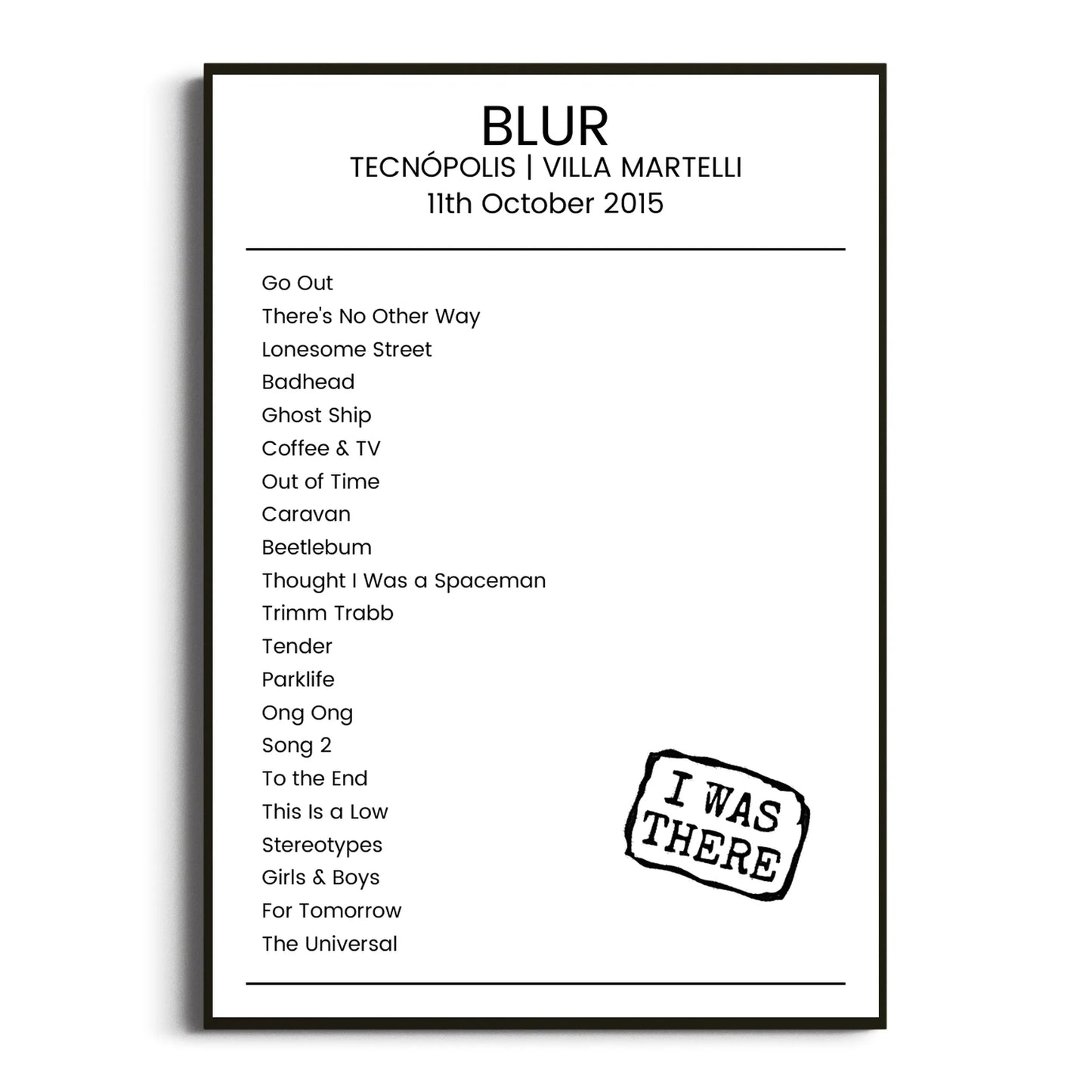 Blur Villa Martelli 11 October 2015 Setlist Poster