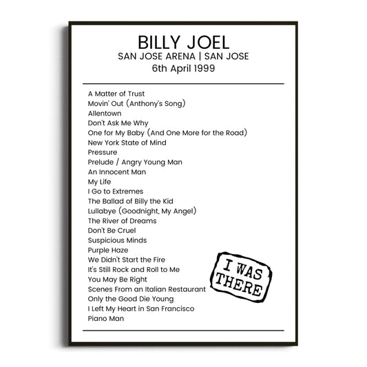 Billy Joel San Jose 06 April 1999 Setlist Poster