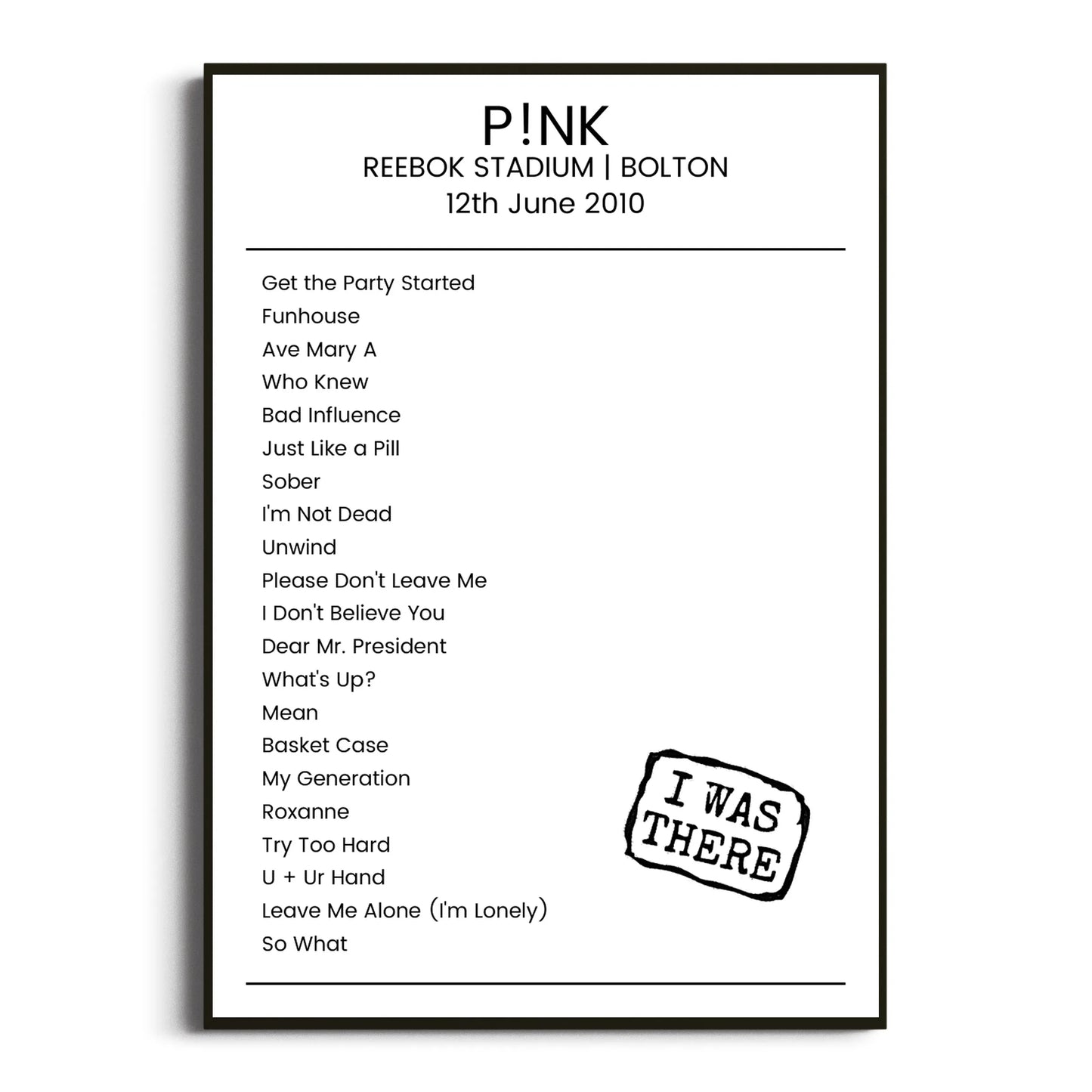 P!nk Bolton 12 June 2010 Setlist Poster