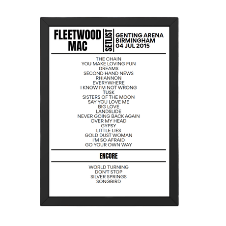 Fleetwood Mac Birmingham July 2015 Replica Setlist - Setlist