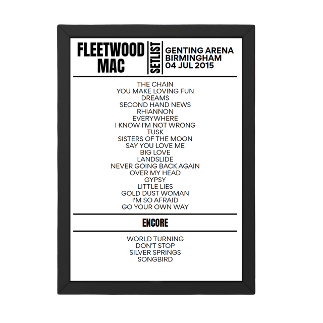 Fleetwood Mac Birmingham July 2015 Replica Setlist - Setlist