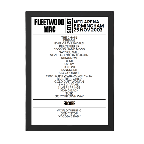 Fleetwood Mac Birmingham November 2003 Replica Setlist - Setlist