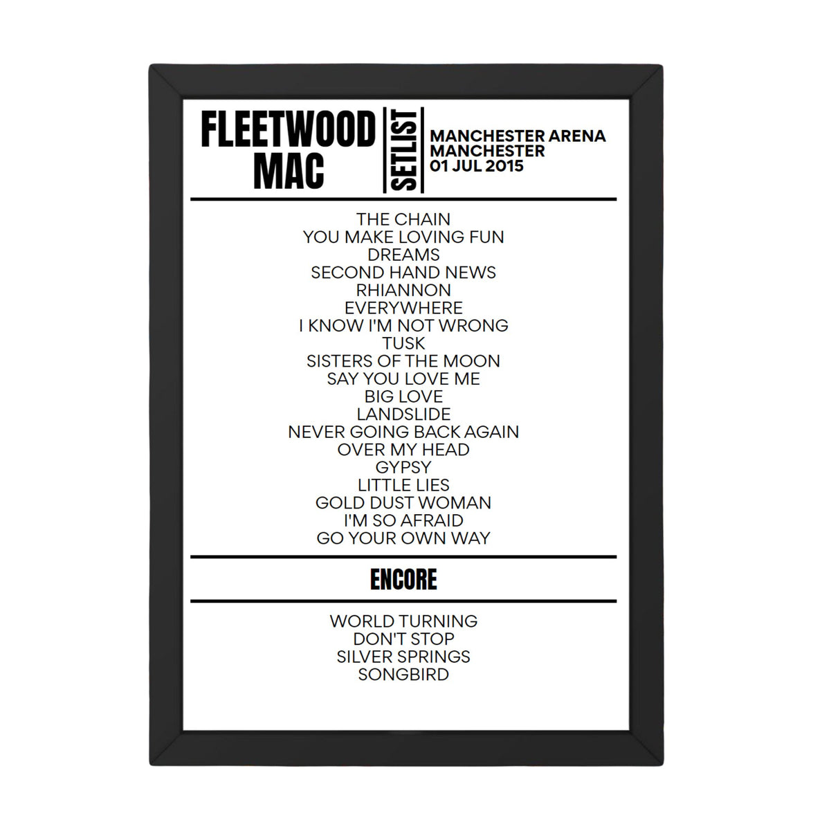 Fleetwood Mac Manchester July 2015 Replica Setlist - Setlist