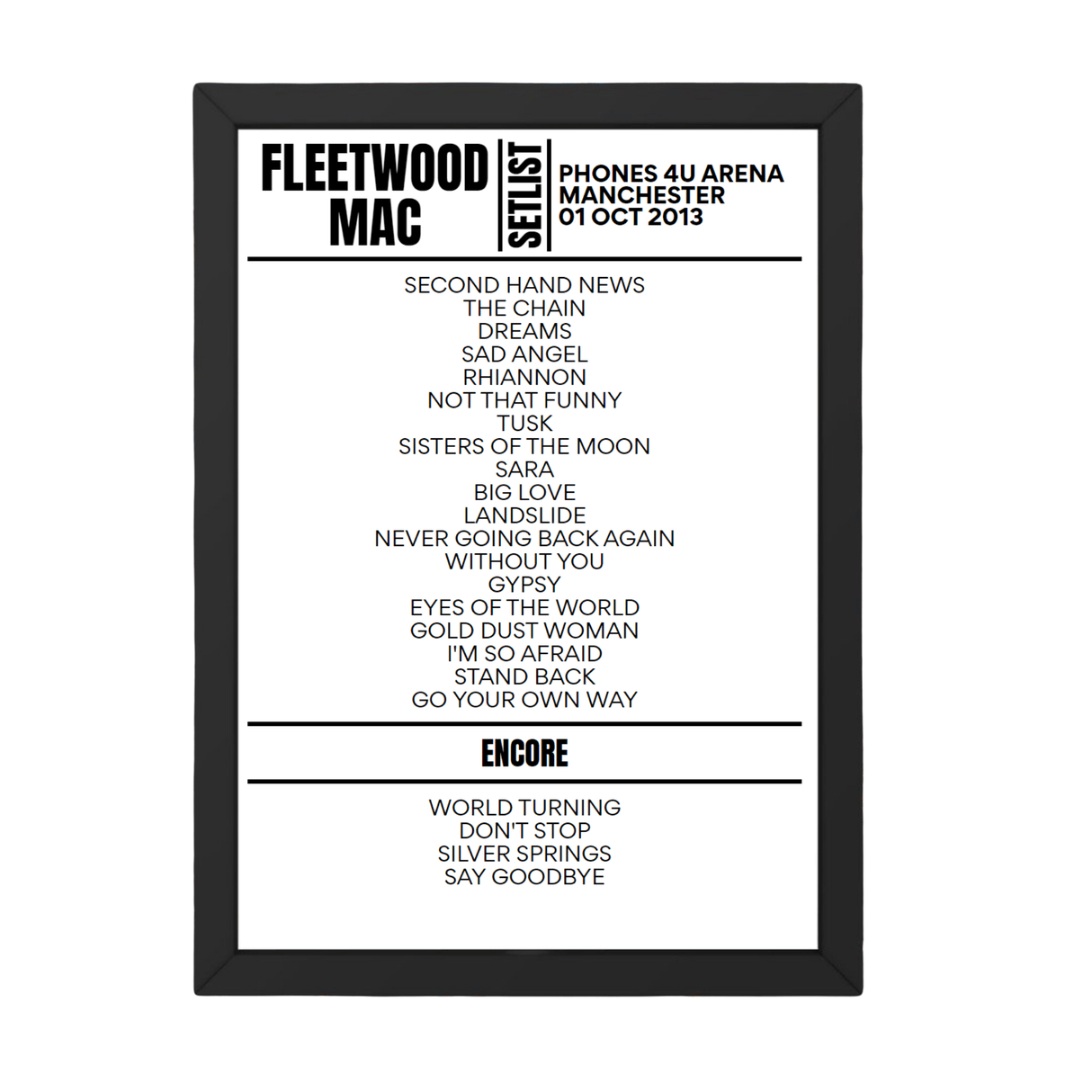 Fleetwood Mac Manchester October 2013 Replica Setlist - Setlist