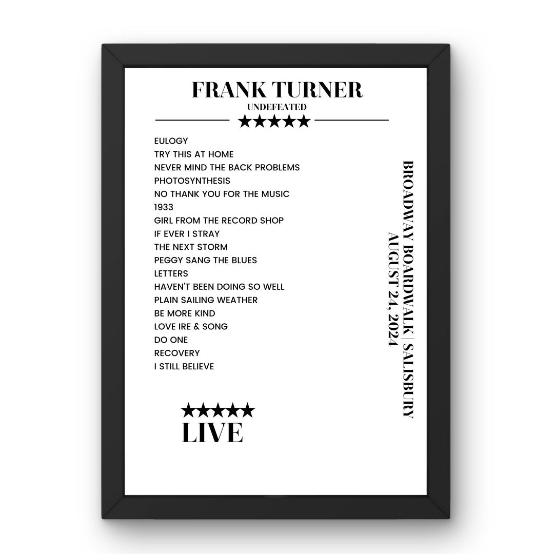 Frank Turner Broadway Boardwalk Salisbury 24 August 2024 Setlist Poster - Setlist