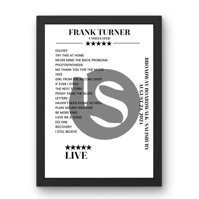 Frank Turner Broadway Boardwalk Salisbury 24 August 2024 Setlist Poster - Setlist