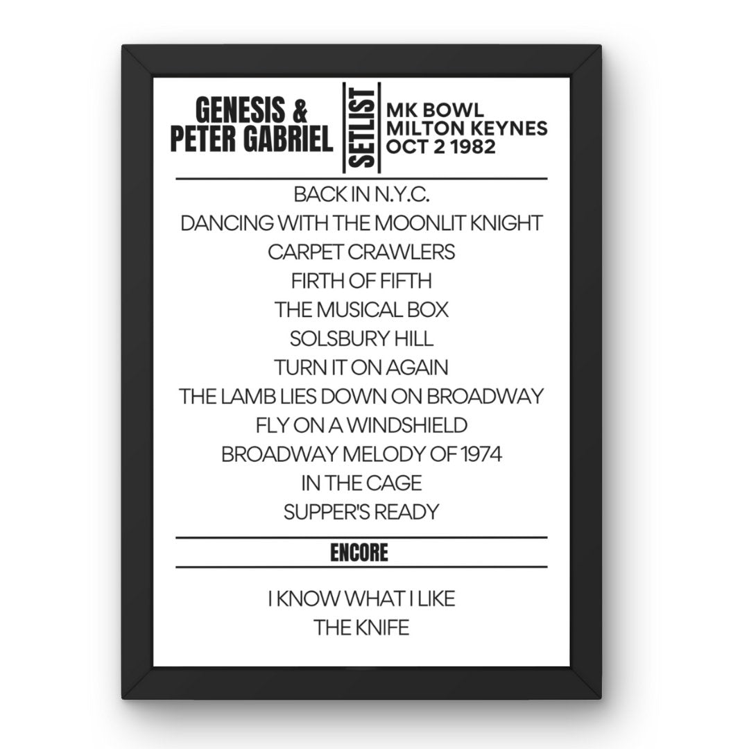 Genesis & Peter Gabriel Milton Keynes October 2 1982 Setlist Poster - Setlist