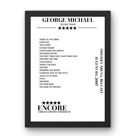 George Michael August 04, 2007 Odyssey Arena Belfast Setlist Poster - Setlist